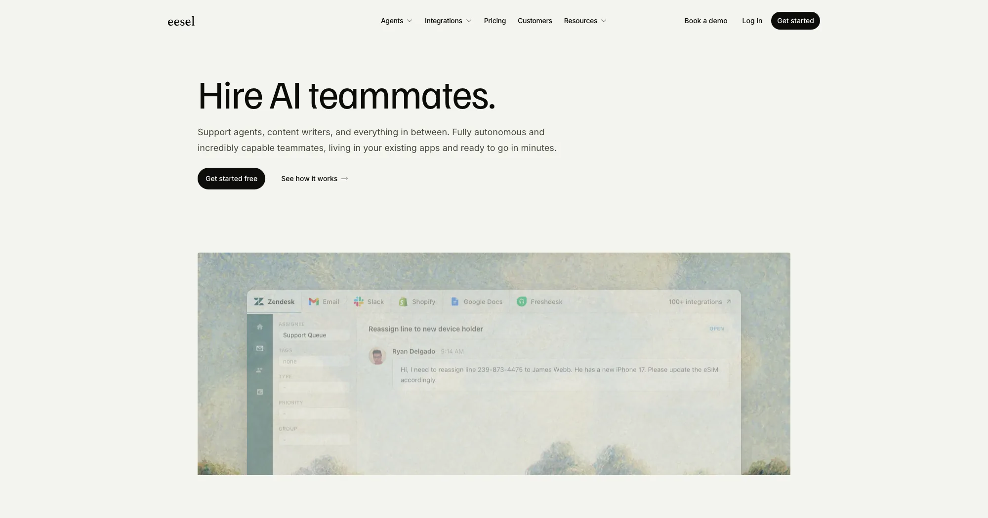 eesel AI homepage, AI teammates that live in your existing apps